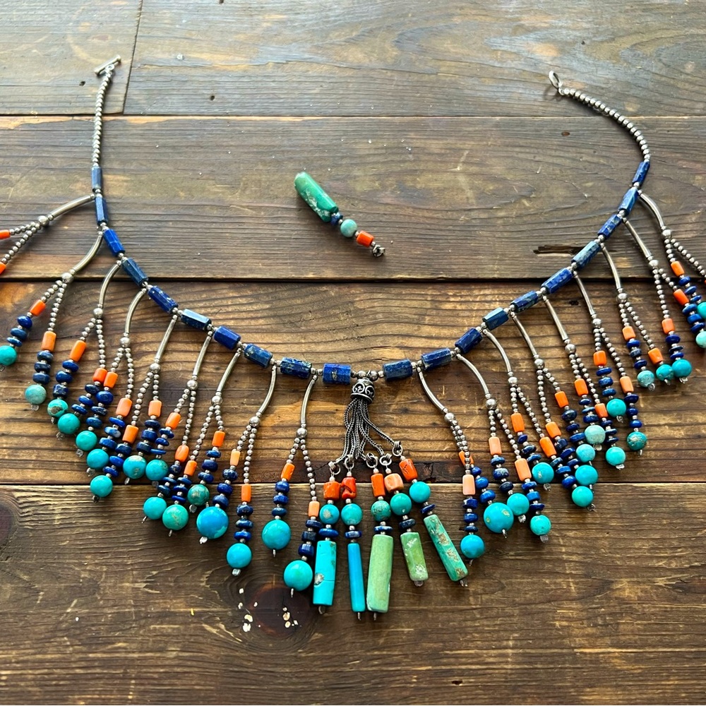 VINTAGE AFGHAN LAPIS CORAL TURQUOISE NECKLACE